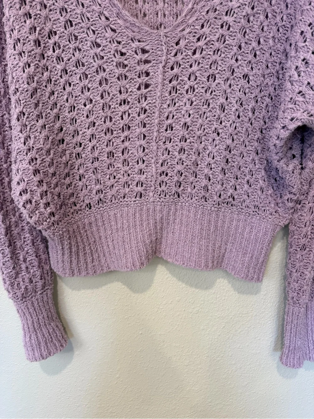 Free People “Best of You” Lavender Open-Knit V-Neck Sweater